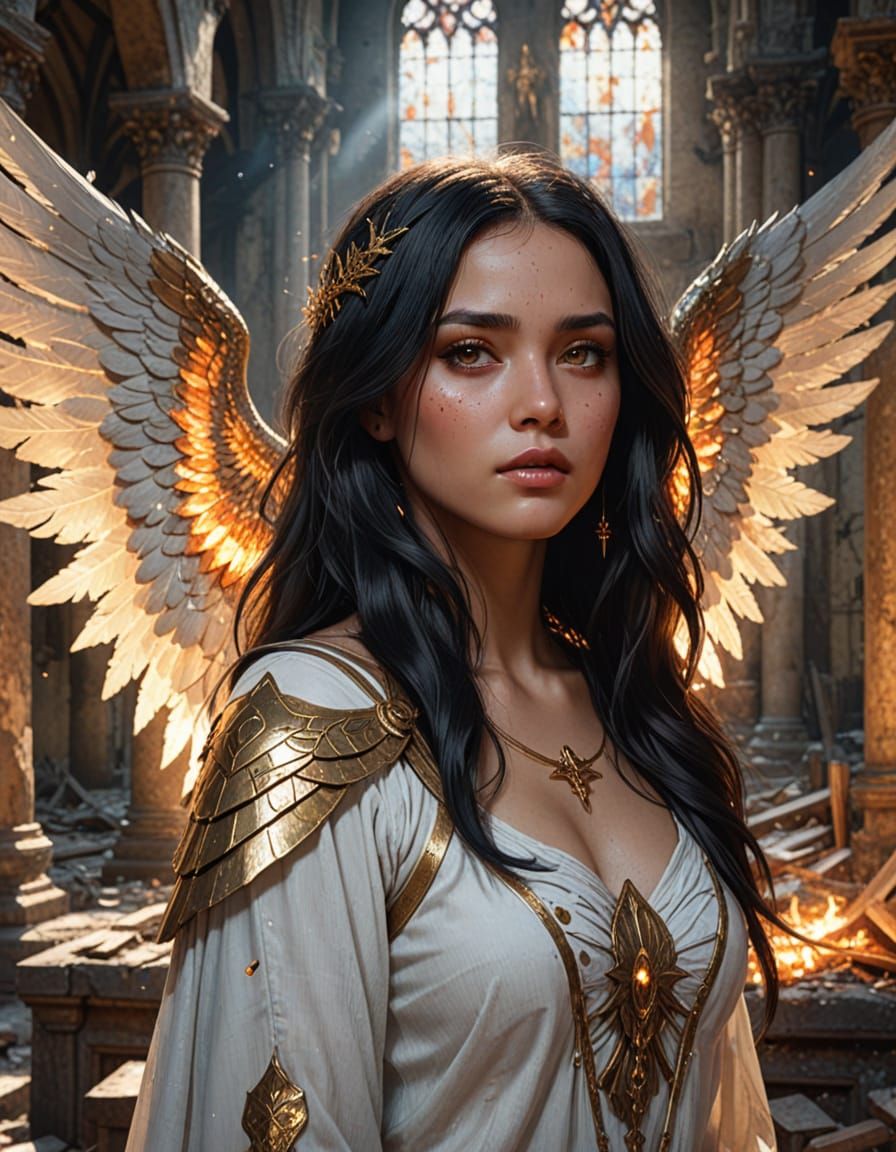 Dominican Woman with Angel Wings in Ruined Church
