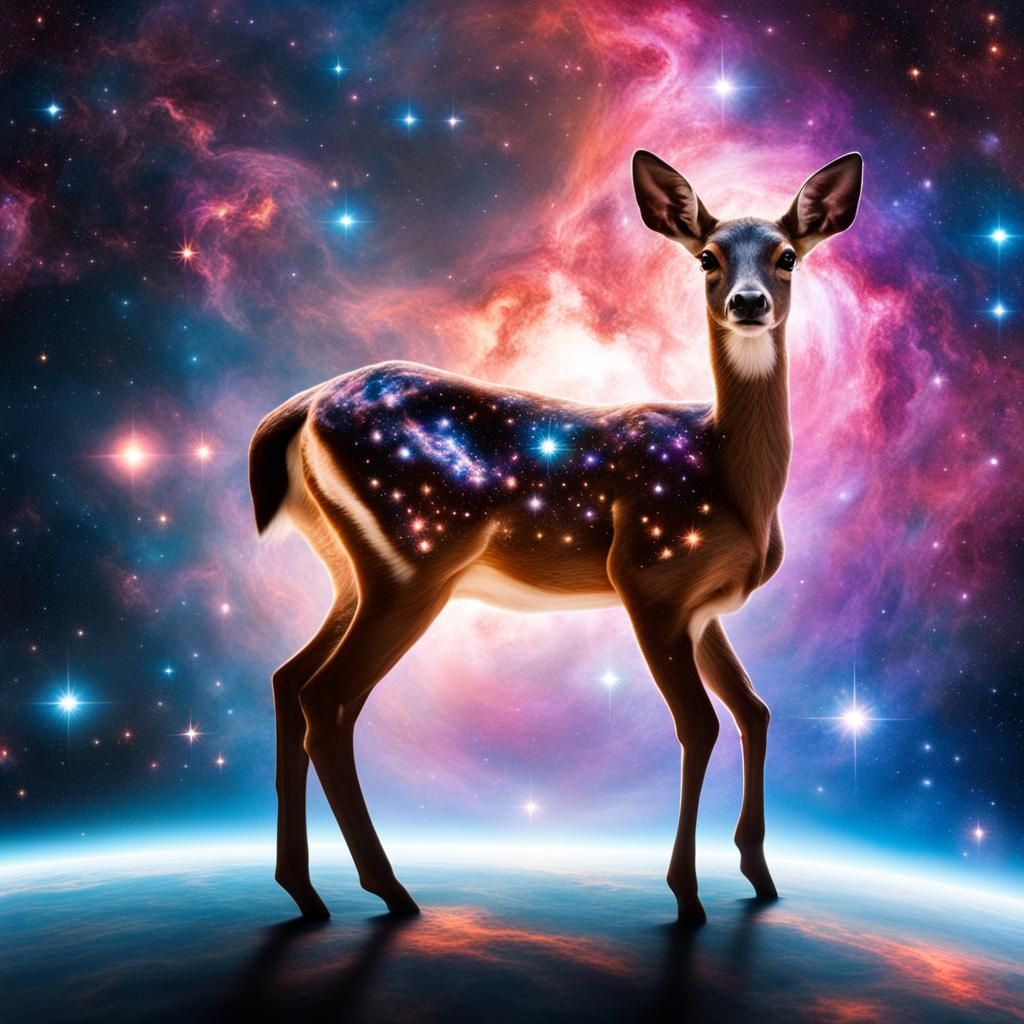 Doe in Space Amidst Vibrant Nebulas
