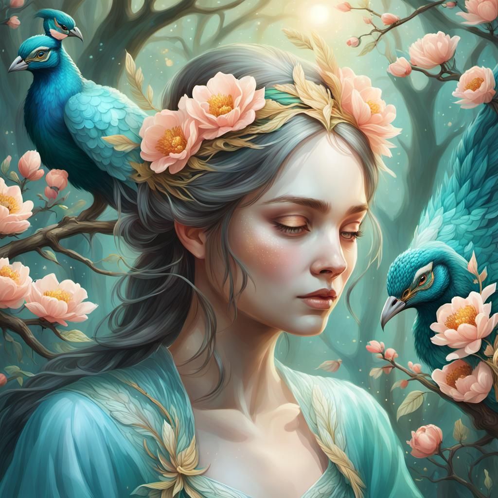 Serene Silken Maiden in Aqua Fantasy Forest