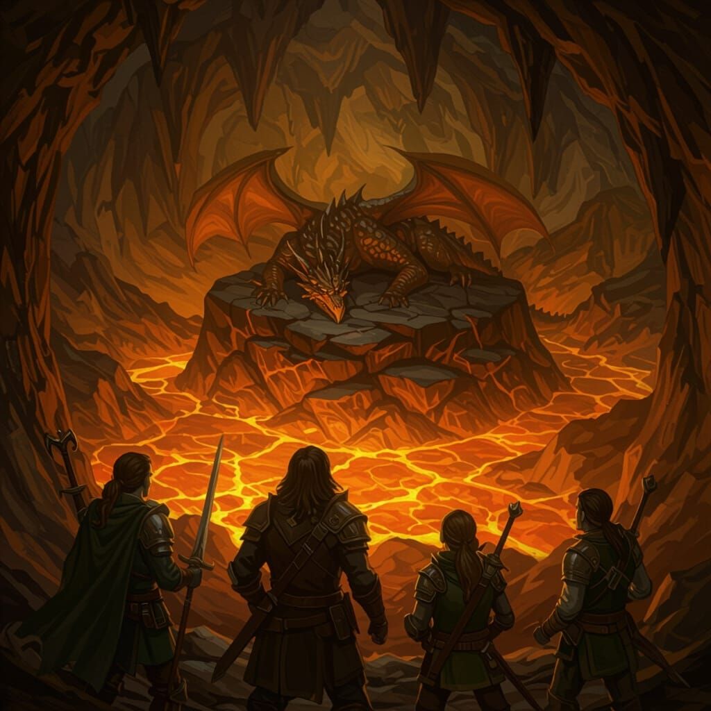 Fantasy Adventurers Discover Dragon: Oil Painting Illustrati...