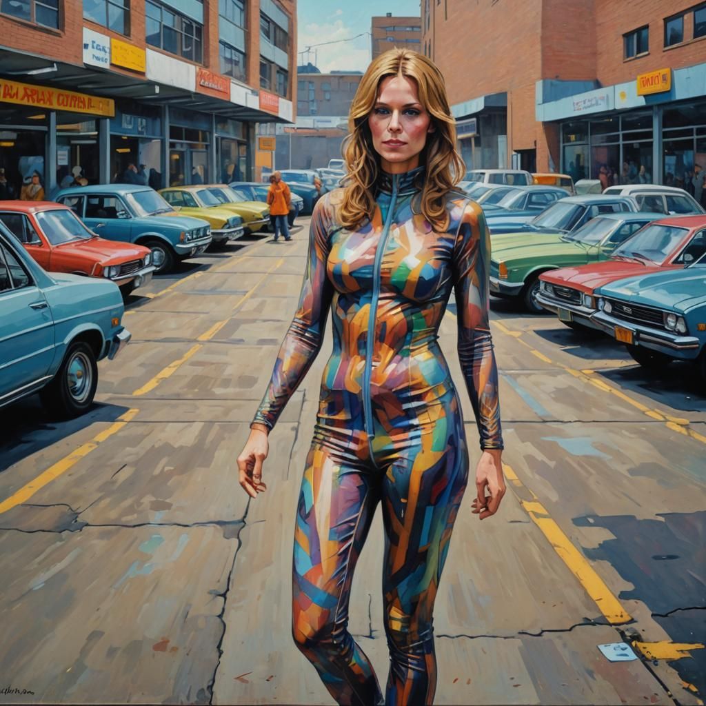 Woman in Sheer Zentai: Neo-Impressionist Oil Painting