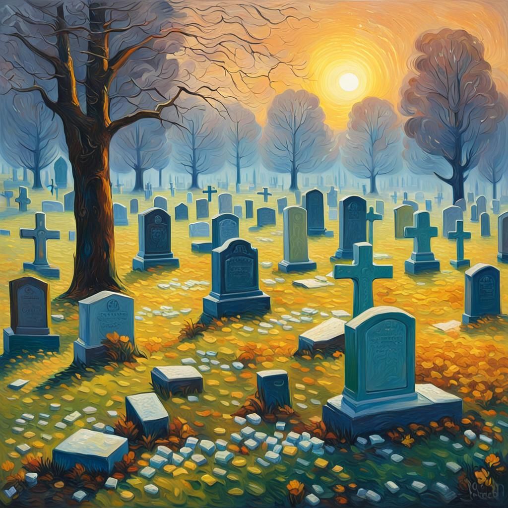 Neo-Impressionist Cemetery Sunrise with Scratched Headstones