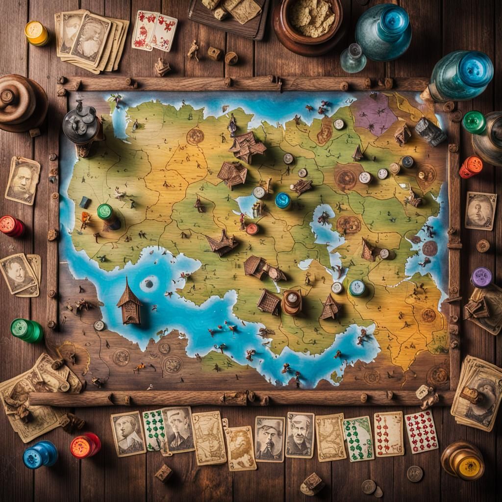 Top view of an enormous large living real magical JUMANJI tabletop board game map with hero miniature figurines, Magical...