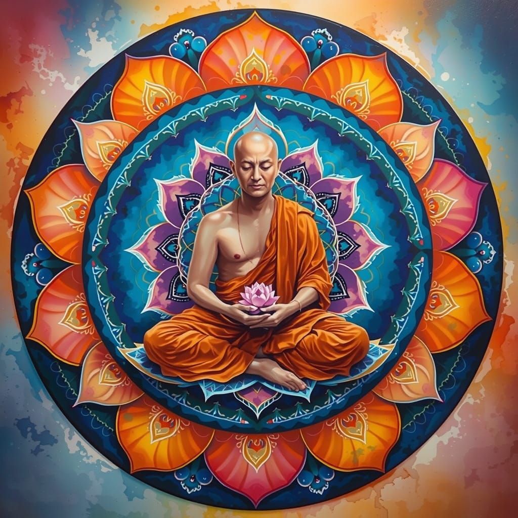 Sacred Lotus Mandala with Monk in Perfect Spiritual Composit...