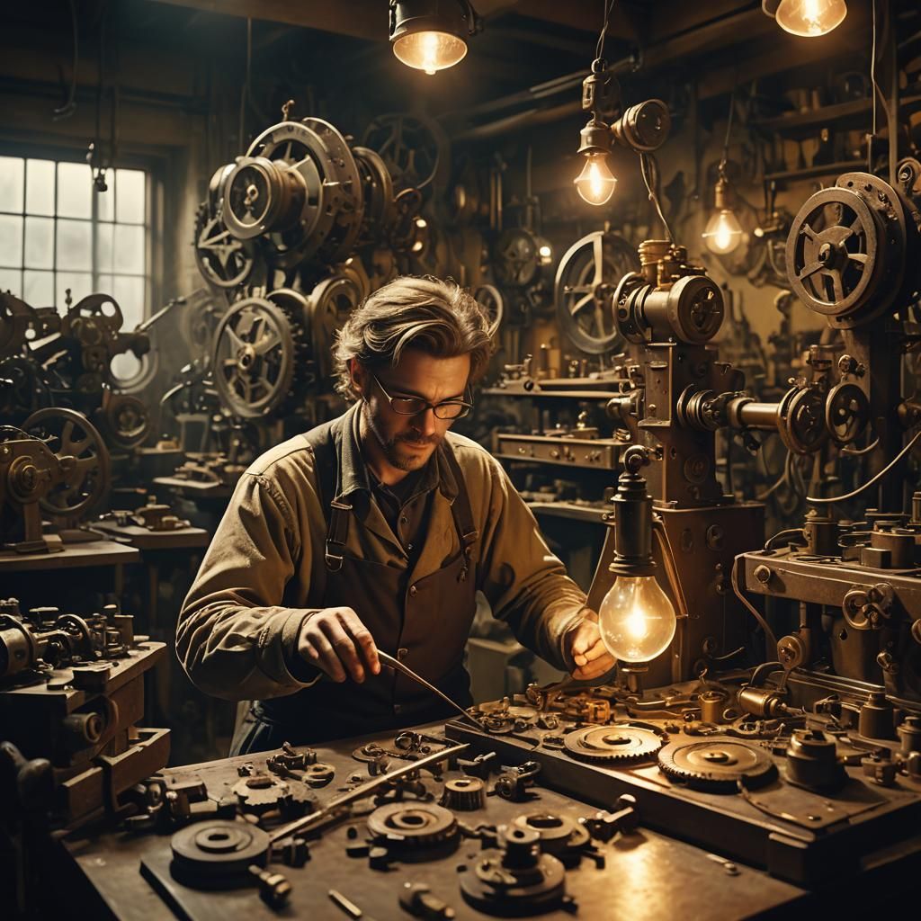 Steampunk Engineer in Dimly Lit Workshop