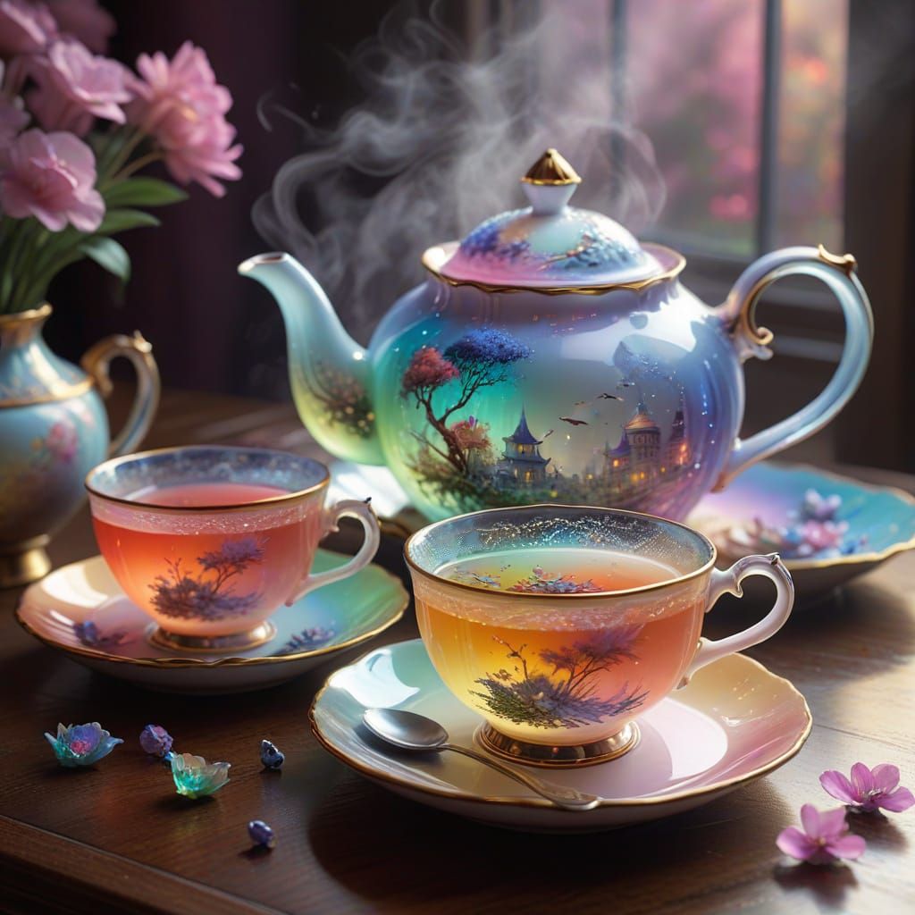 Ethereal Tea Set Glowing with Pastel Neon Rainbow Colors