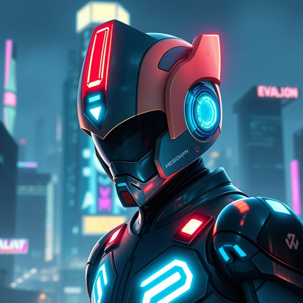 Cyberpunk Warrior in Neon-Lit Cityscape