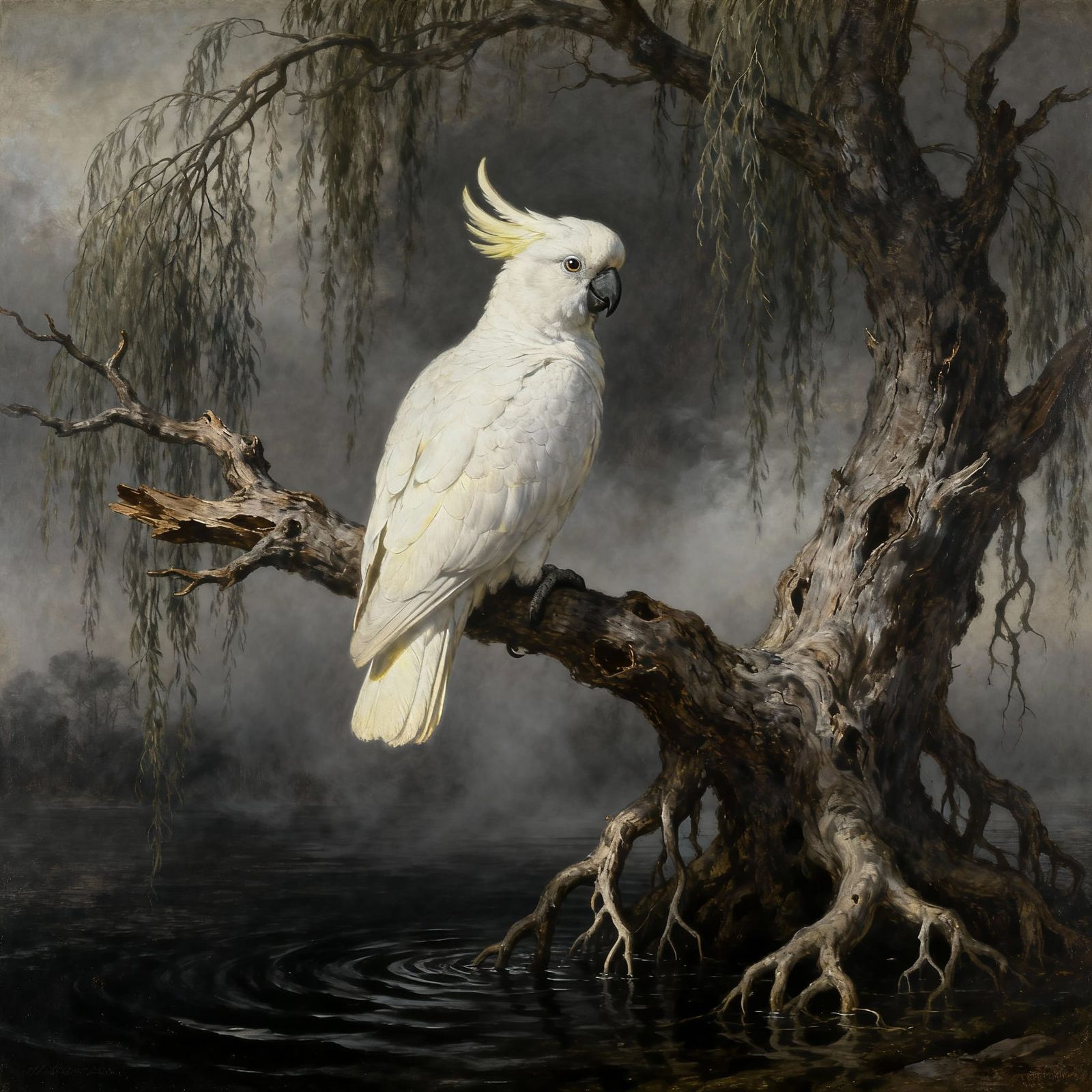 White Cockatoo on Dead Willow in Murky Creek Oil Painting