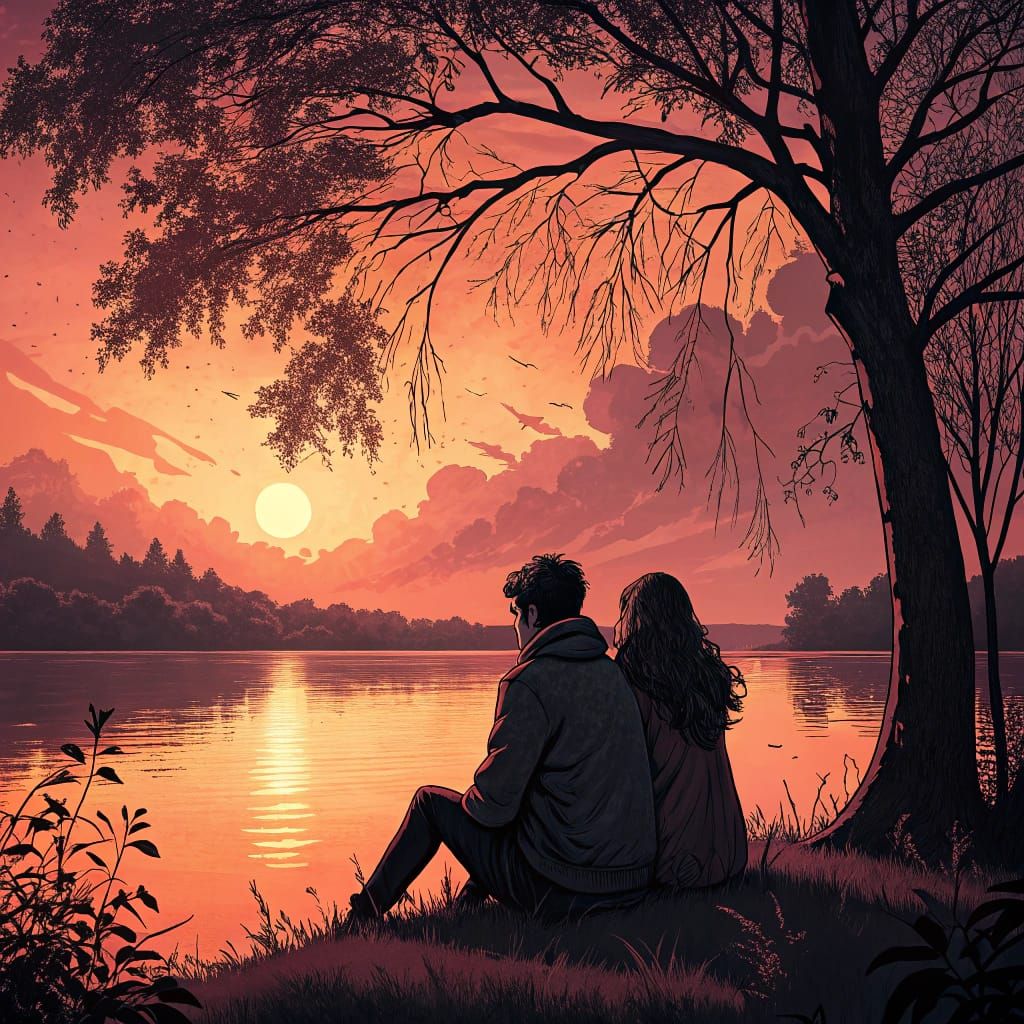 Serene Couple Gazing at Sunset over Tranquil Lake