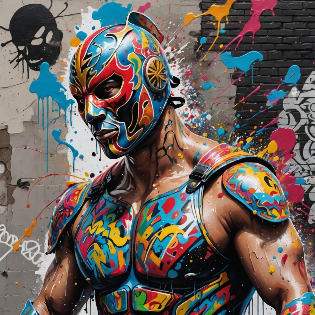 Luchador Celebrates in Graffiti Street Art Style