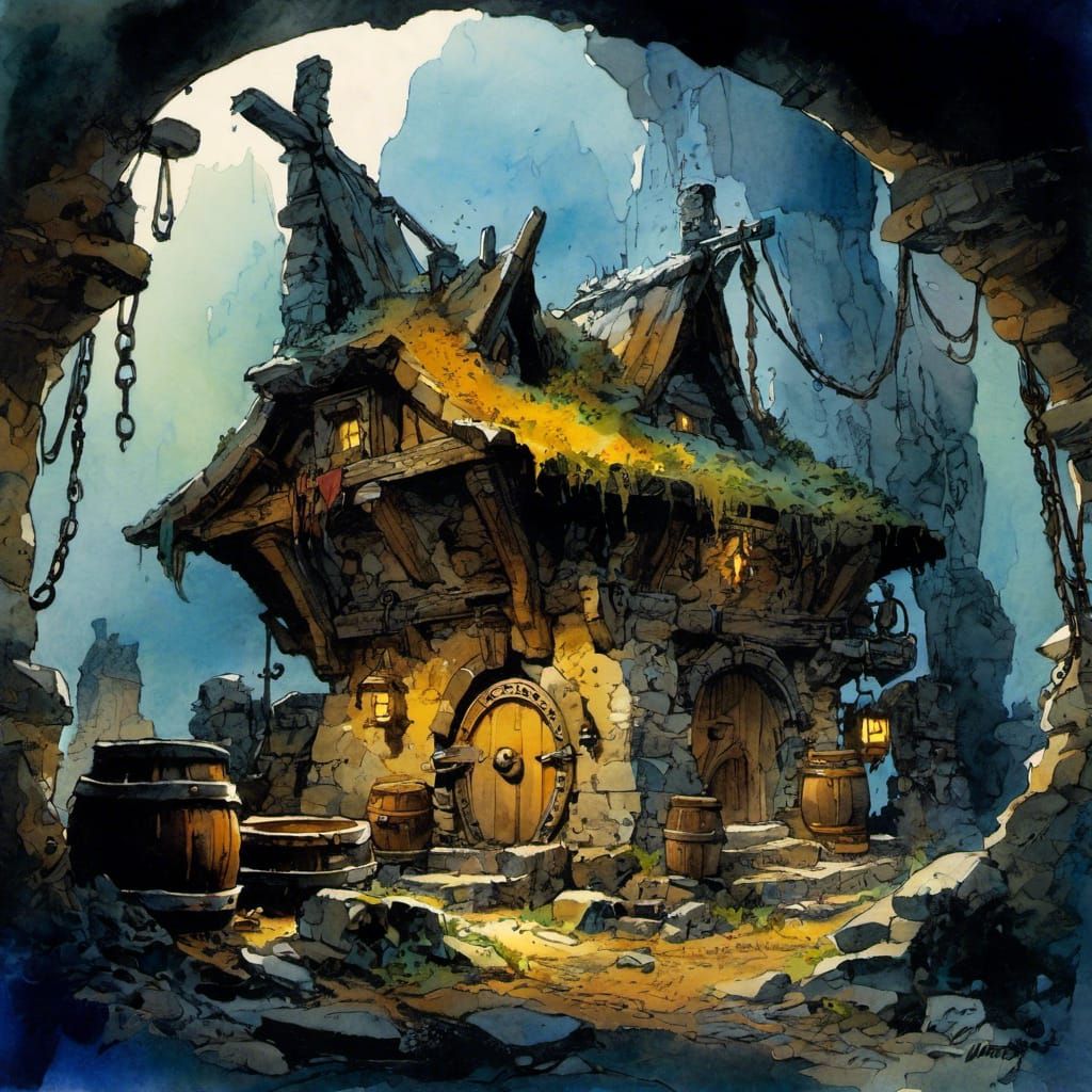 Abandoned Dwarf Smithy in Watercolor Style