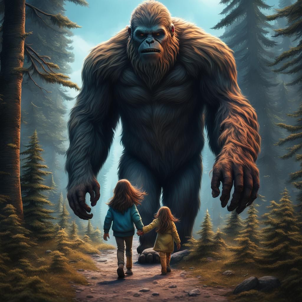 Bigfoot and Girl Walking Hand-in-Hand: Fantasy Concept Art