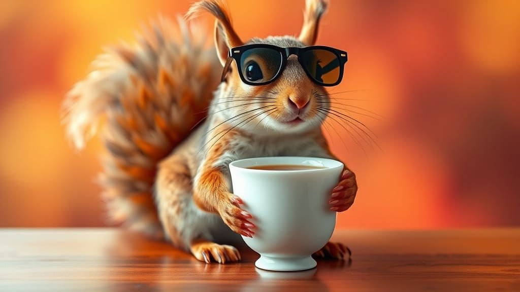 Squirrel with Sunglasses Enjoys Tea