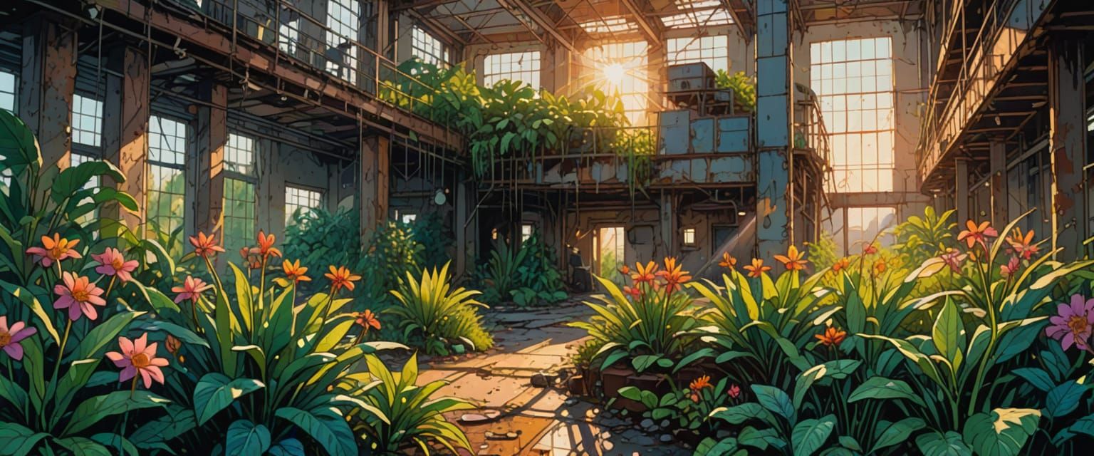 Abandoned Factory with Exotic Plants in Comic Book Style