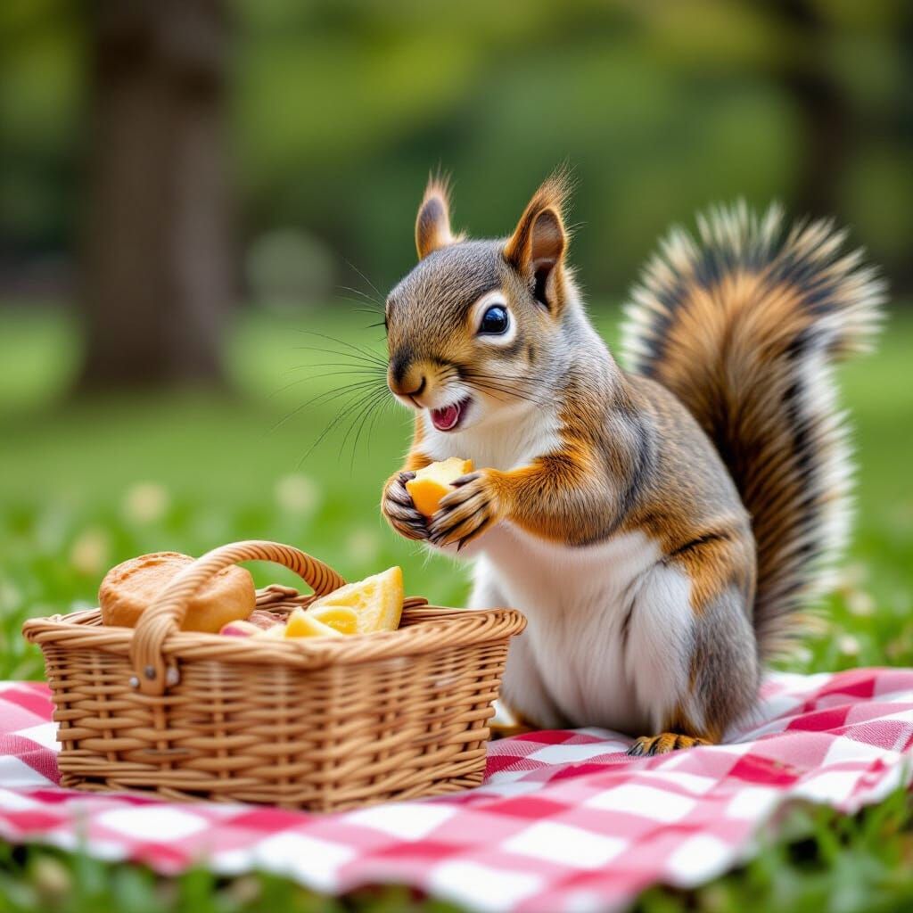 Mischievous Squirrel Stealing Food at Picnic