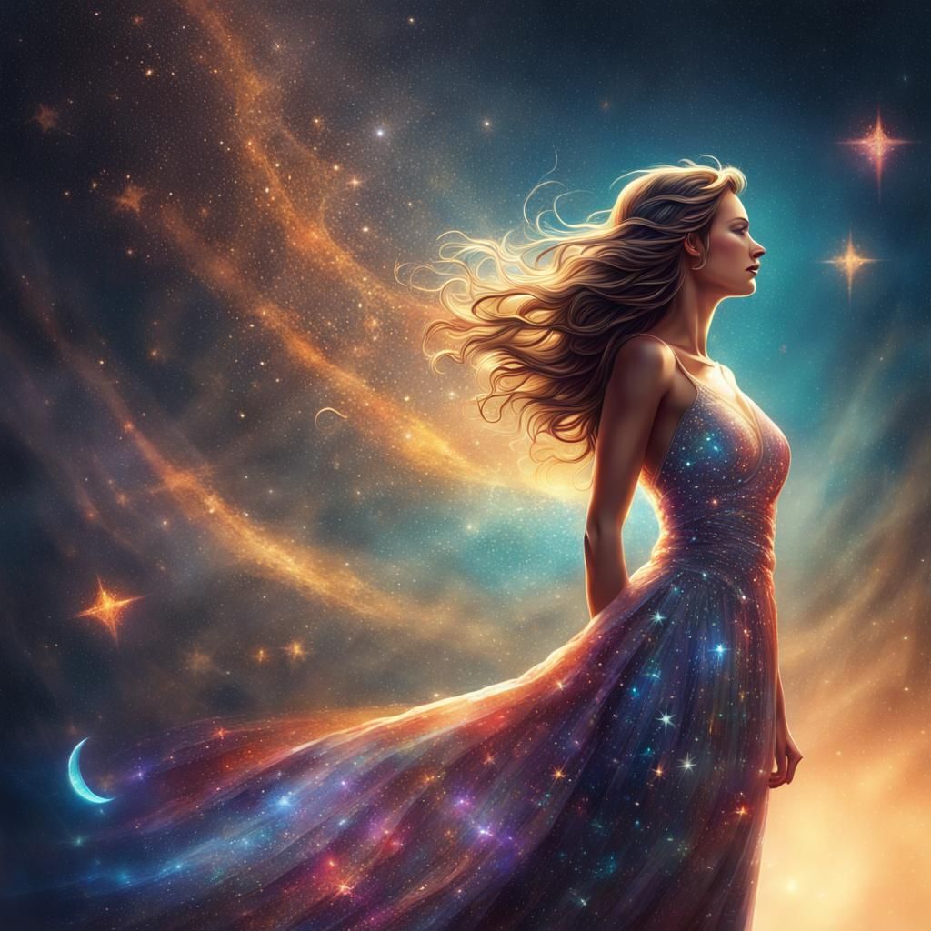 Woman in Prismatic Dress Watches Stars