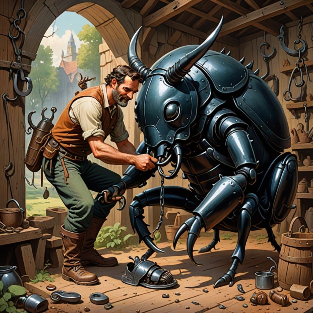 Blacksmith Shoes Giant Beetle: Fairytale Illustration