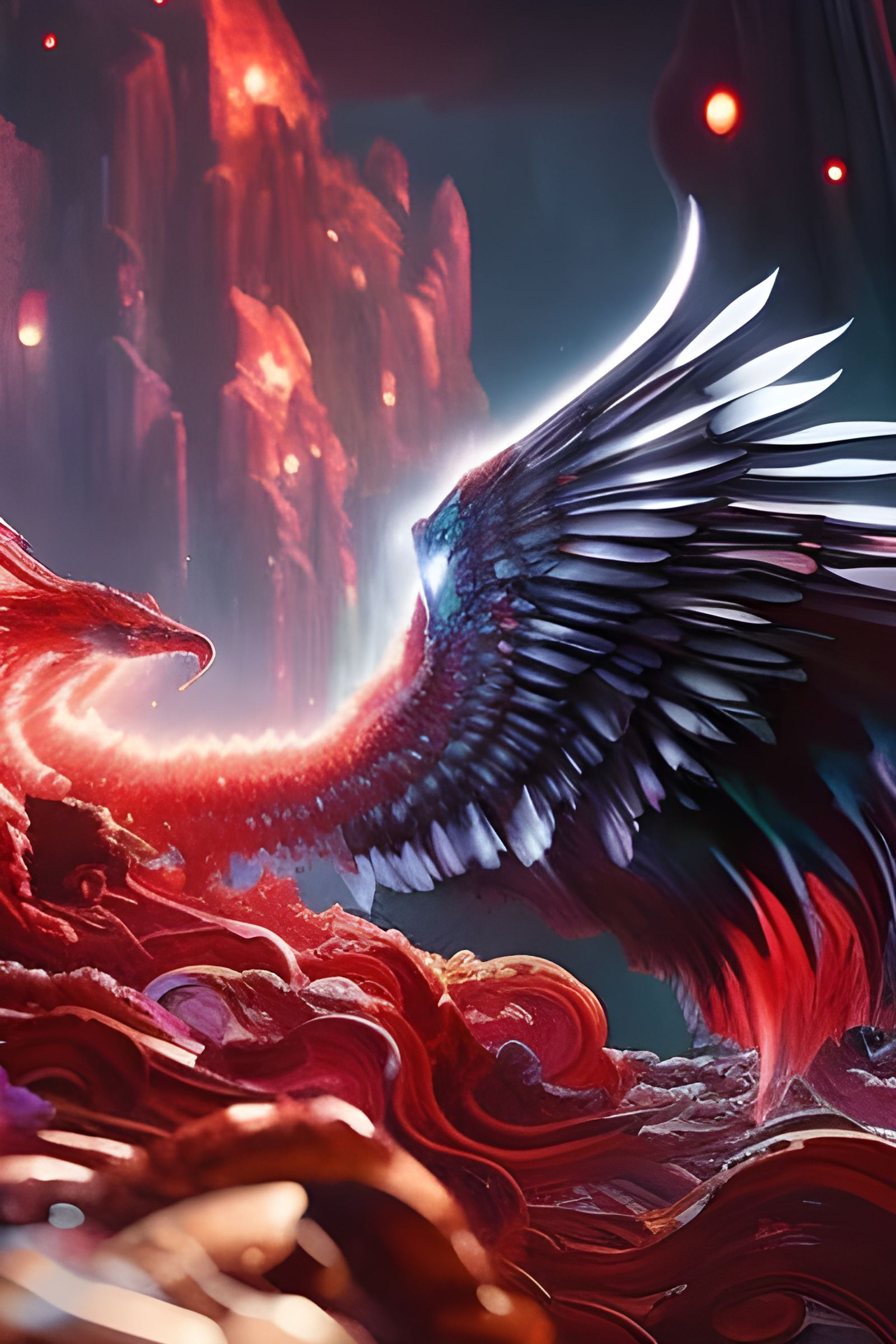 Dark Angel in Red Crystal Cave, Digital Art