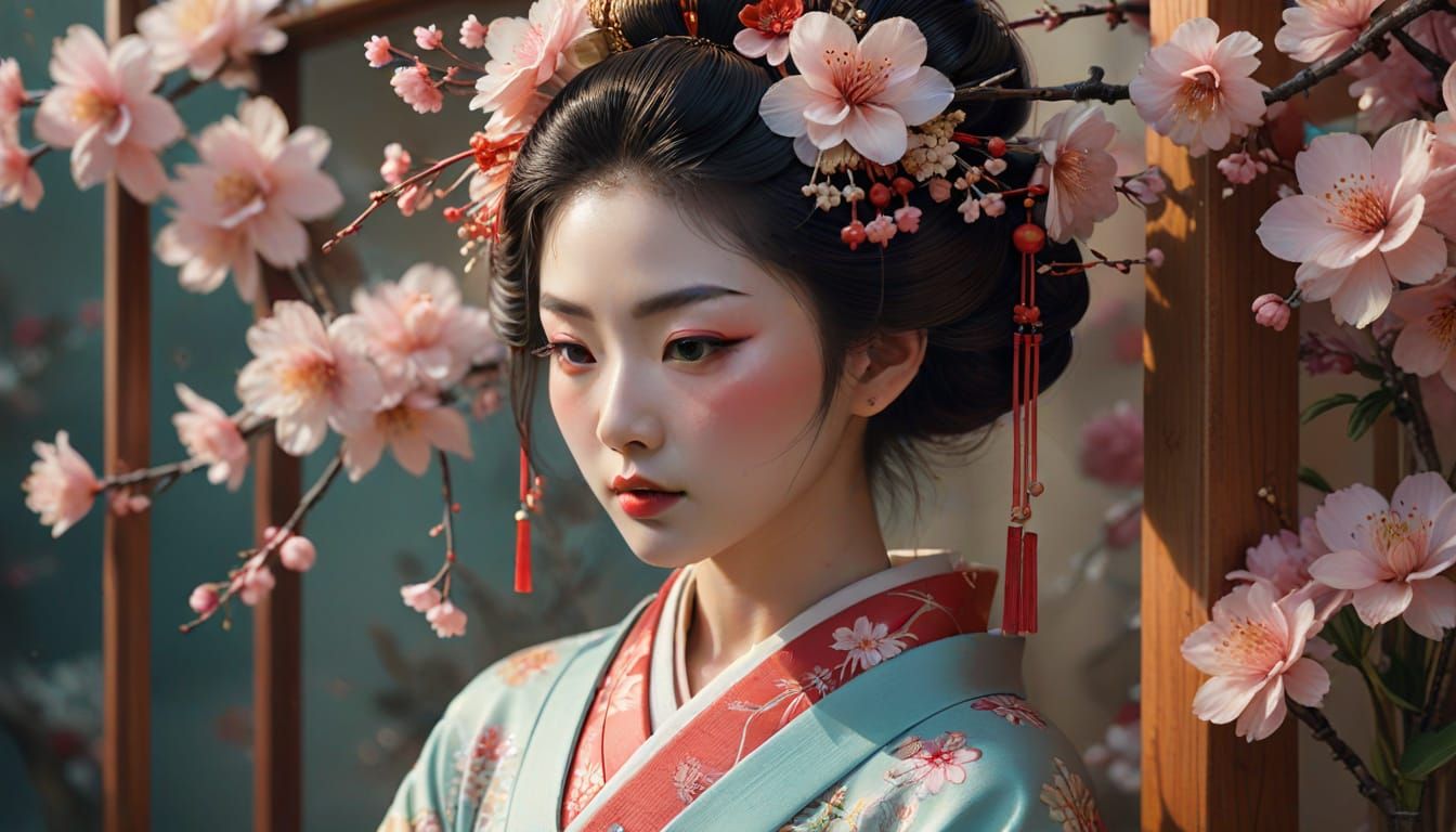 Geisha with Chopstick Headdress in Hyperrealistic Style