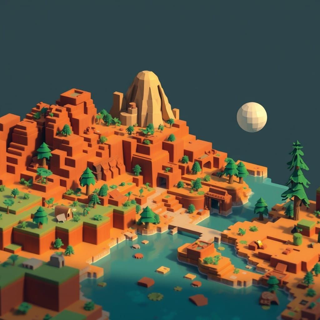 Blocky Futuristic Landscape with Earthy Tones and Geometric...