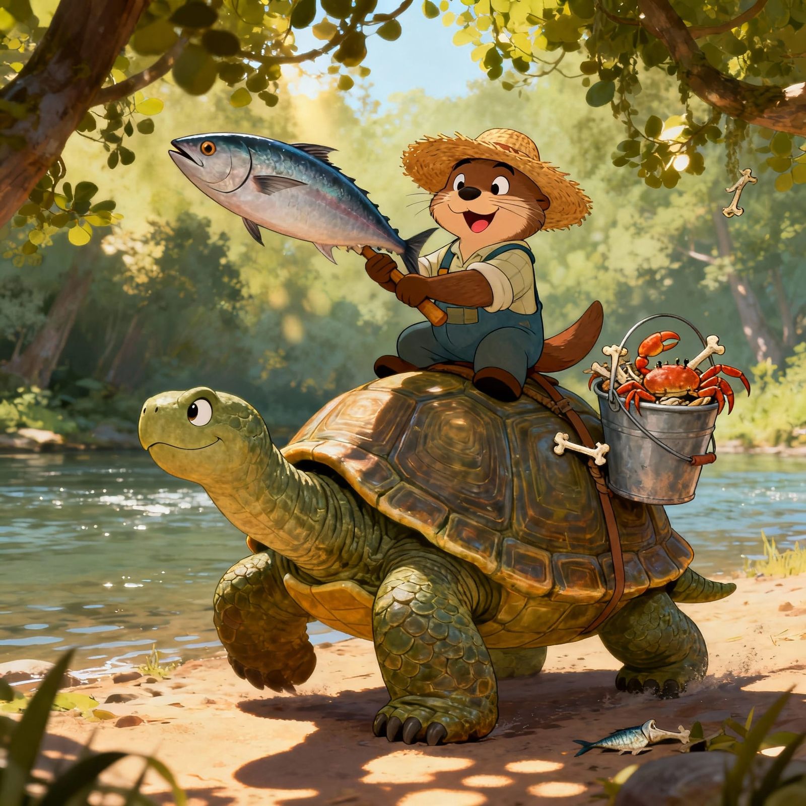 Cartoon Otter Fisherman Rides Giant Tortoise With Tuna Club