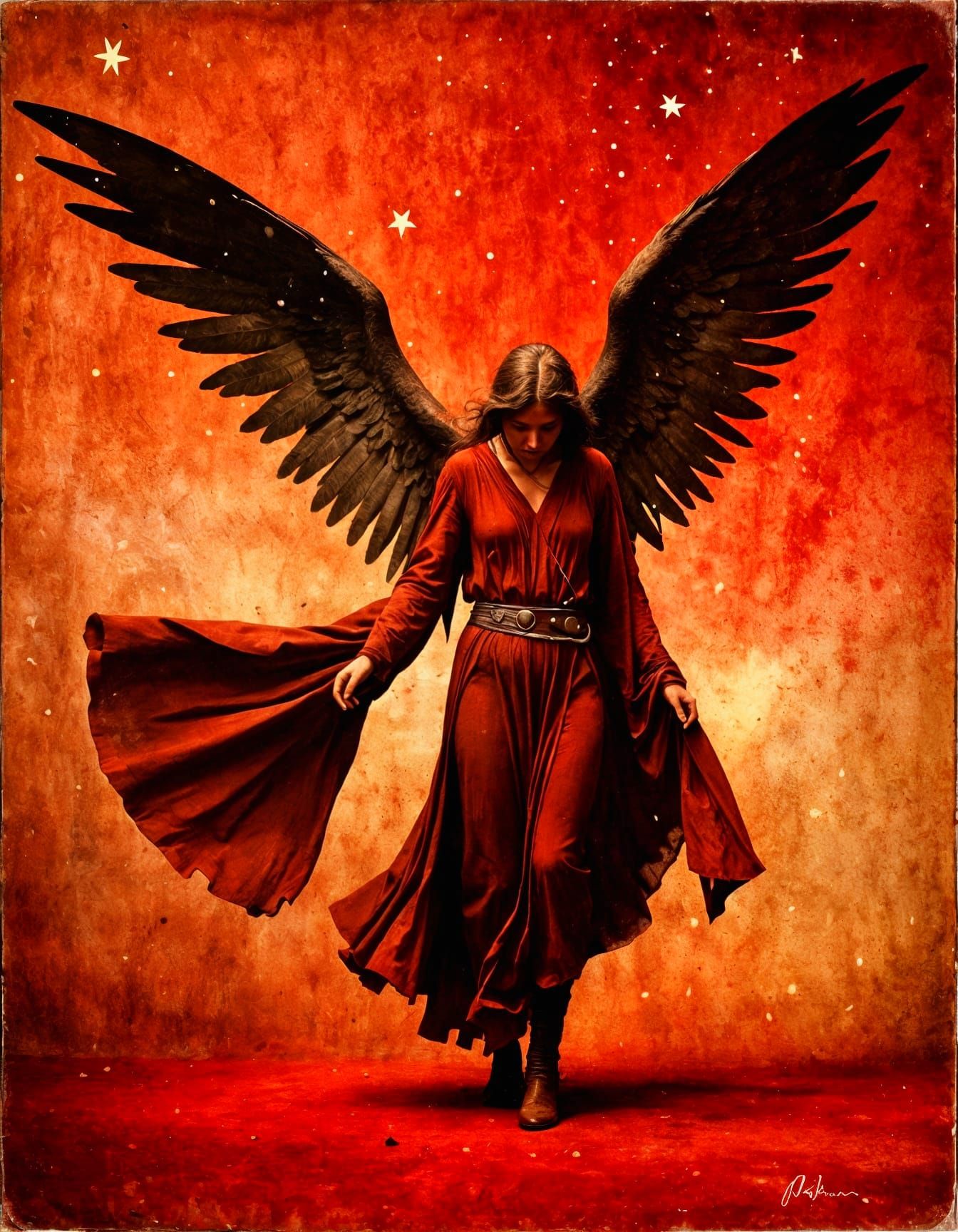 Monochrome Fallen Angel in Crimson Gradients