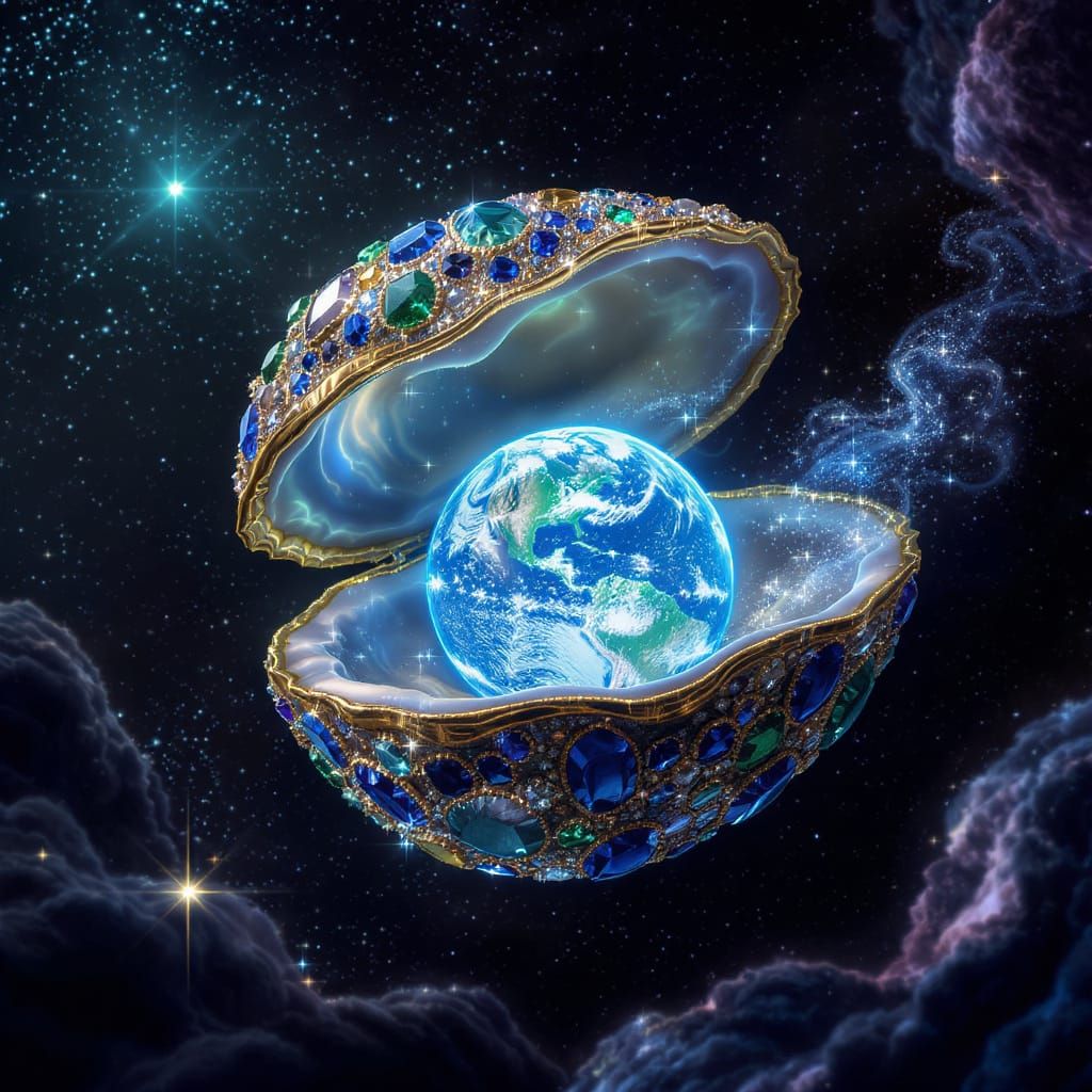 Celestial Oyster Reveals Earth: Dreamy Digital Art