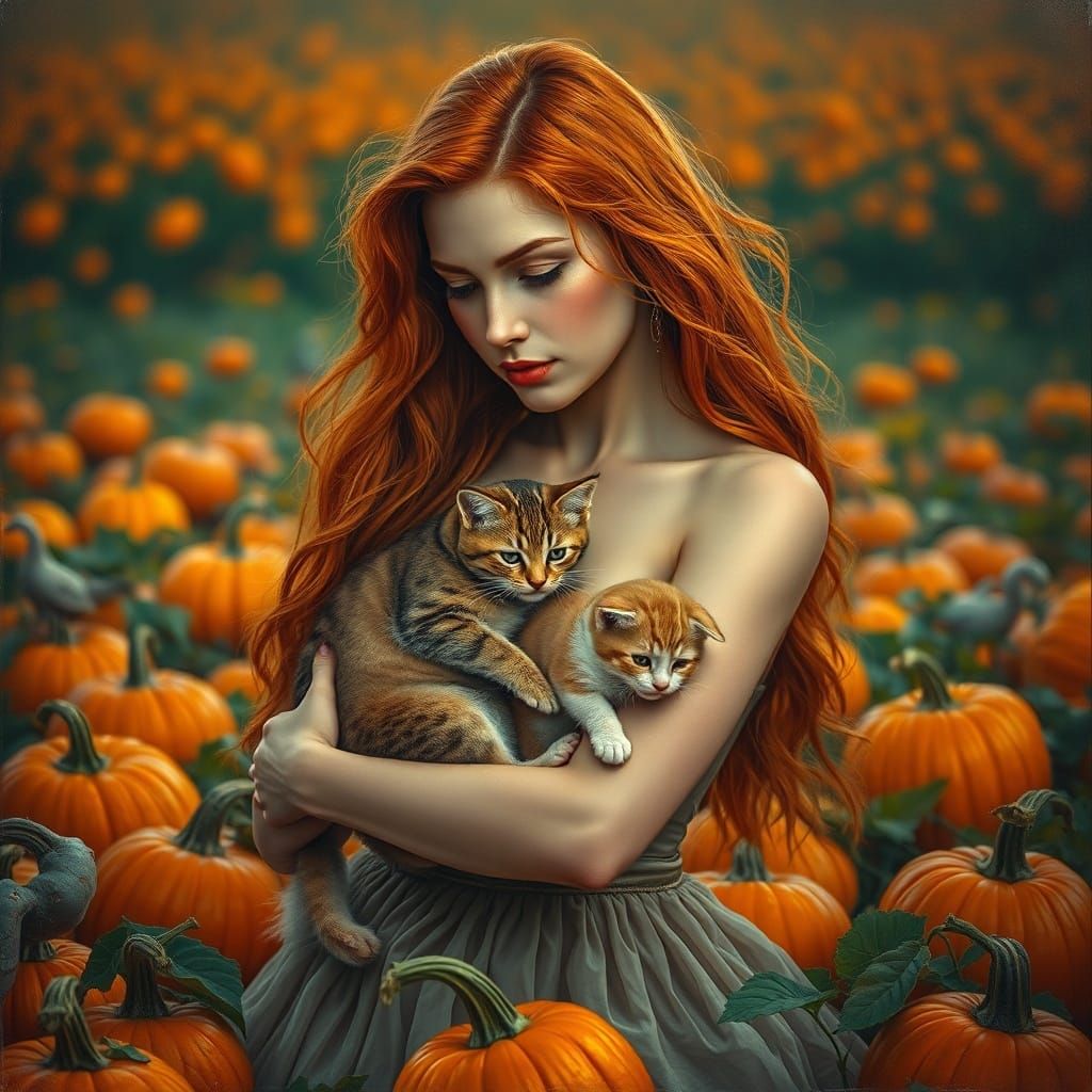 Neo-Romantic Ginger Woman with Cat and Kittens Amidst Pumpki...