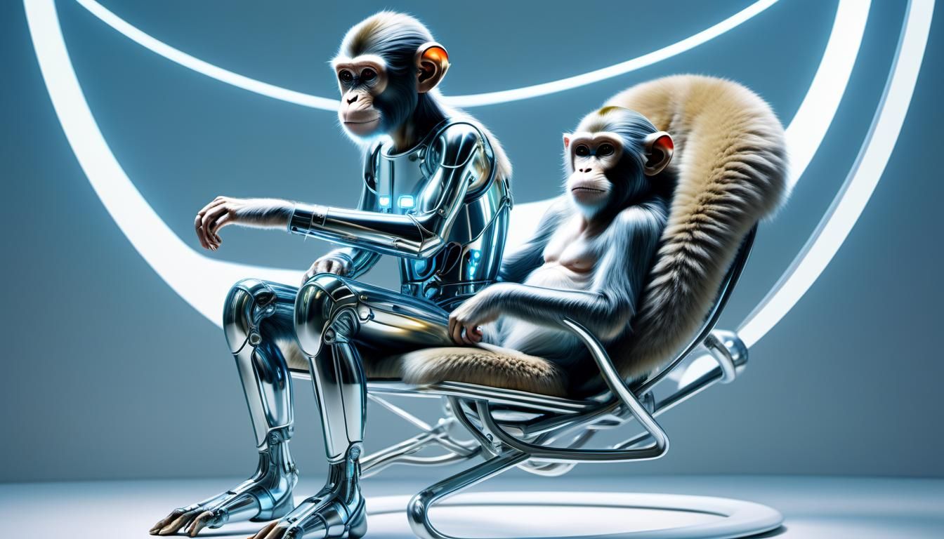 Cybernetic Rhesus Monkey with Smart TV, Sorayama Style