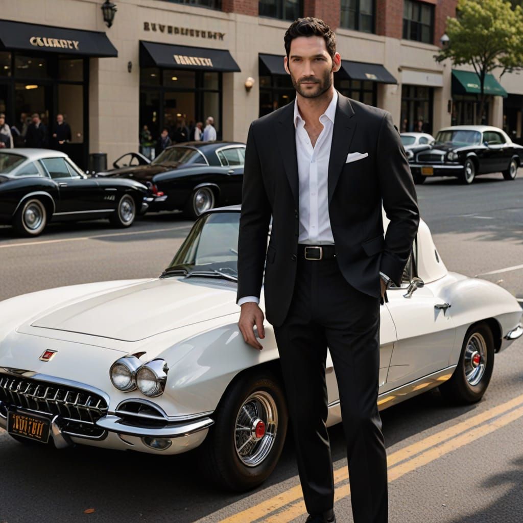 Tom Ellis as Lucifer Morningstar in black Burberry suit jacket, a white cotton button-up shirt from Grafton, and a pair ...
