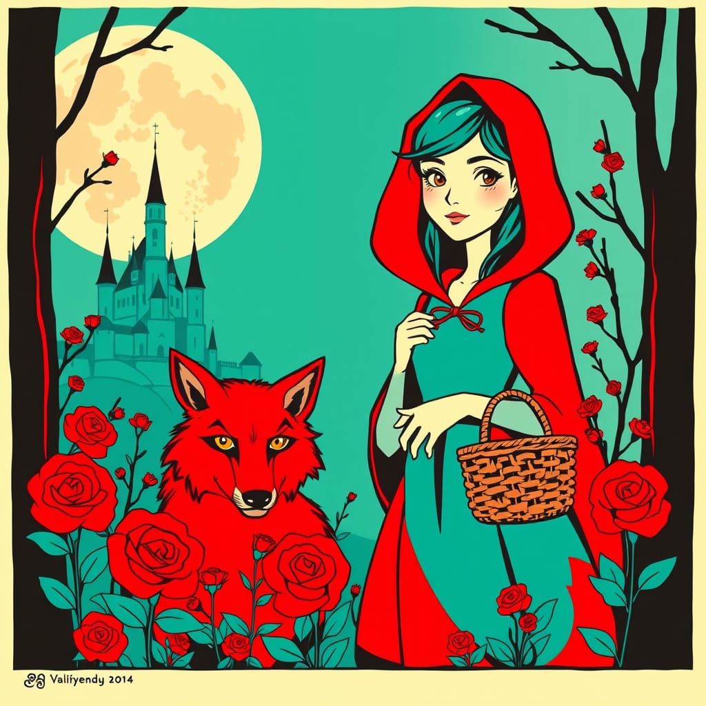 Pop Art Little Red Riding Hood & Wolf Duotone Serigraphy