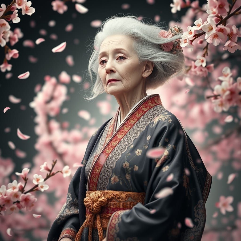 Elegant Woman Amidst Whirlwind of Spring Blossoms