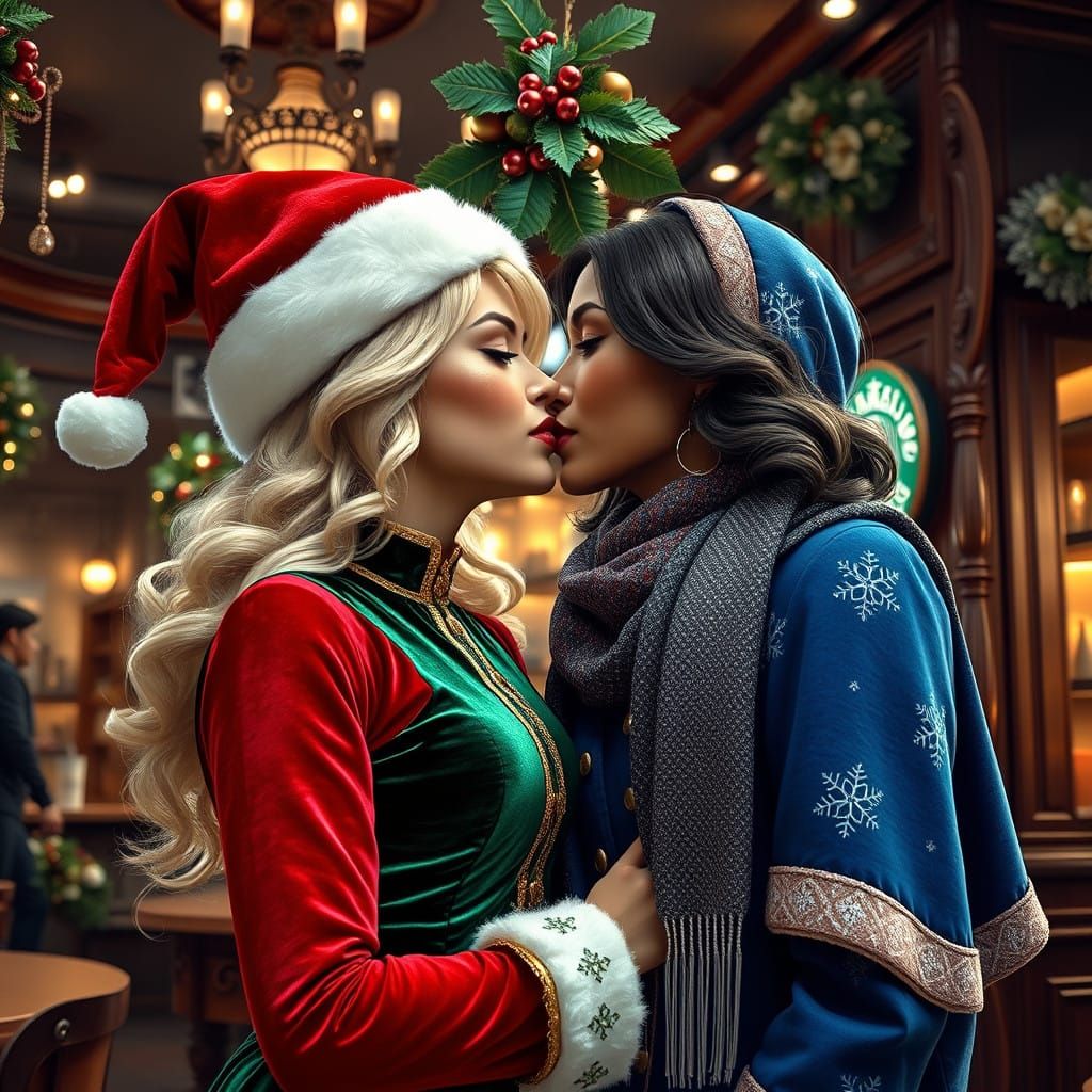 Festive Friends Share a Whimsical Holiday Kiss in Sparkling....