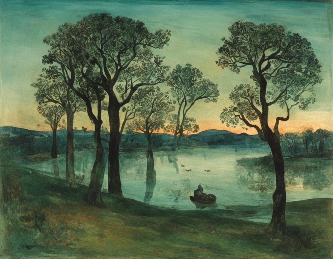 Tranquil Lakeside View of Ancient Oak Trees at Dusk