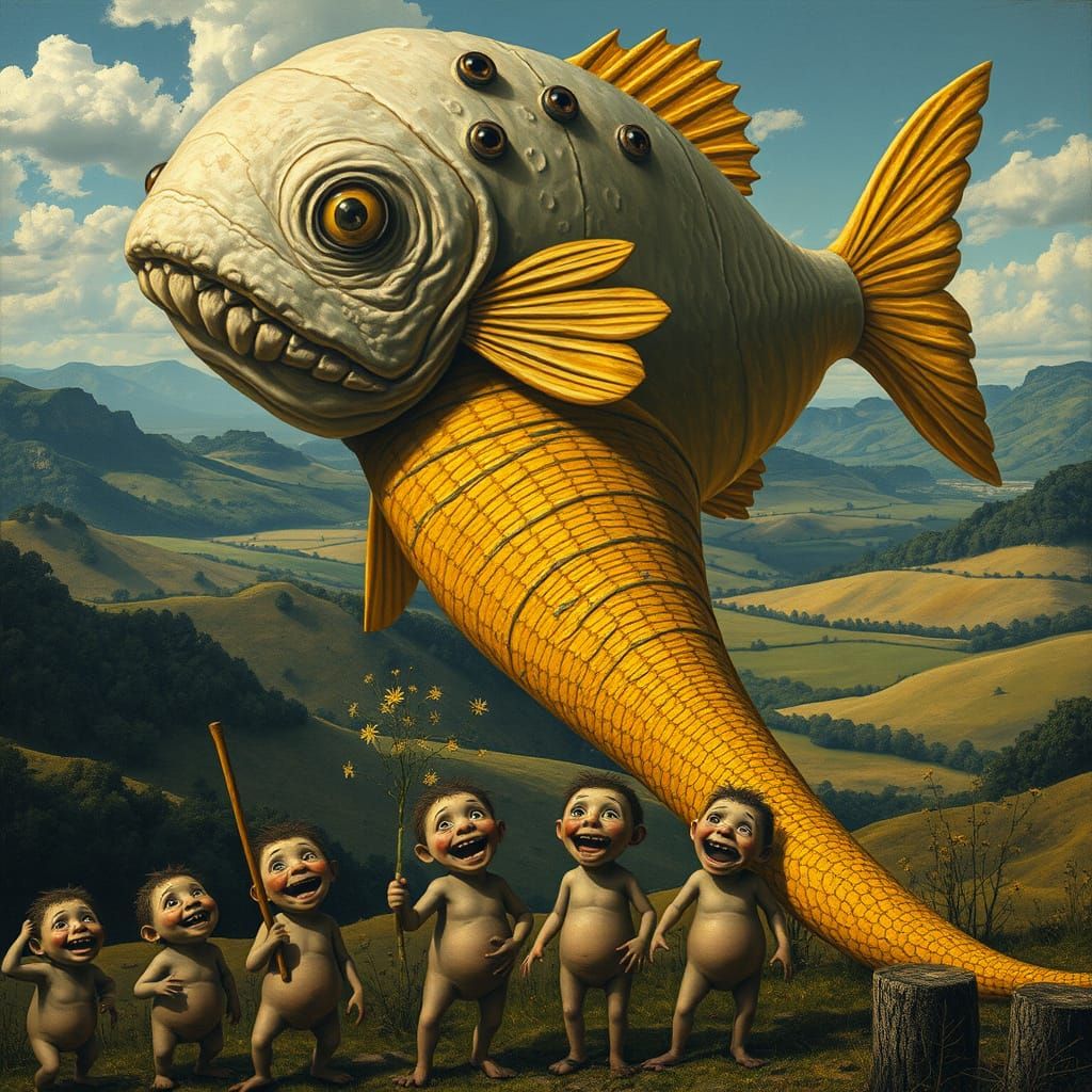 Medieval Aquatic Creature in a Surreal Landscape