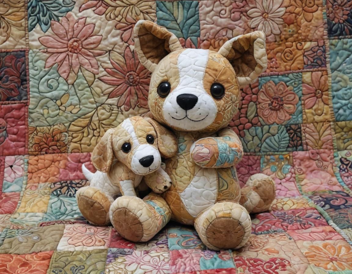 Cute Plush Creature and Puppy Textile Art