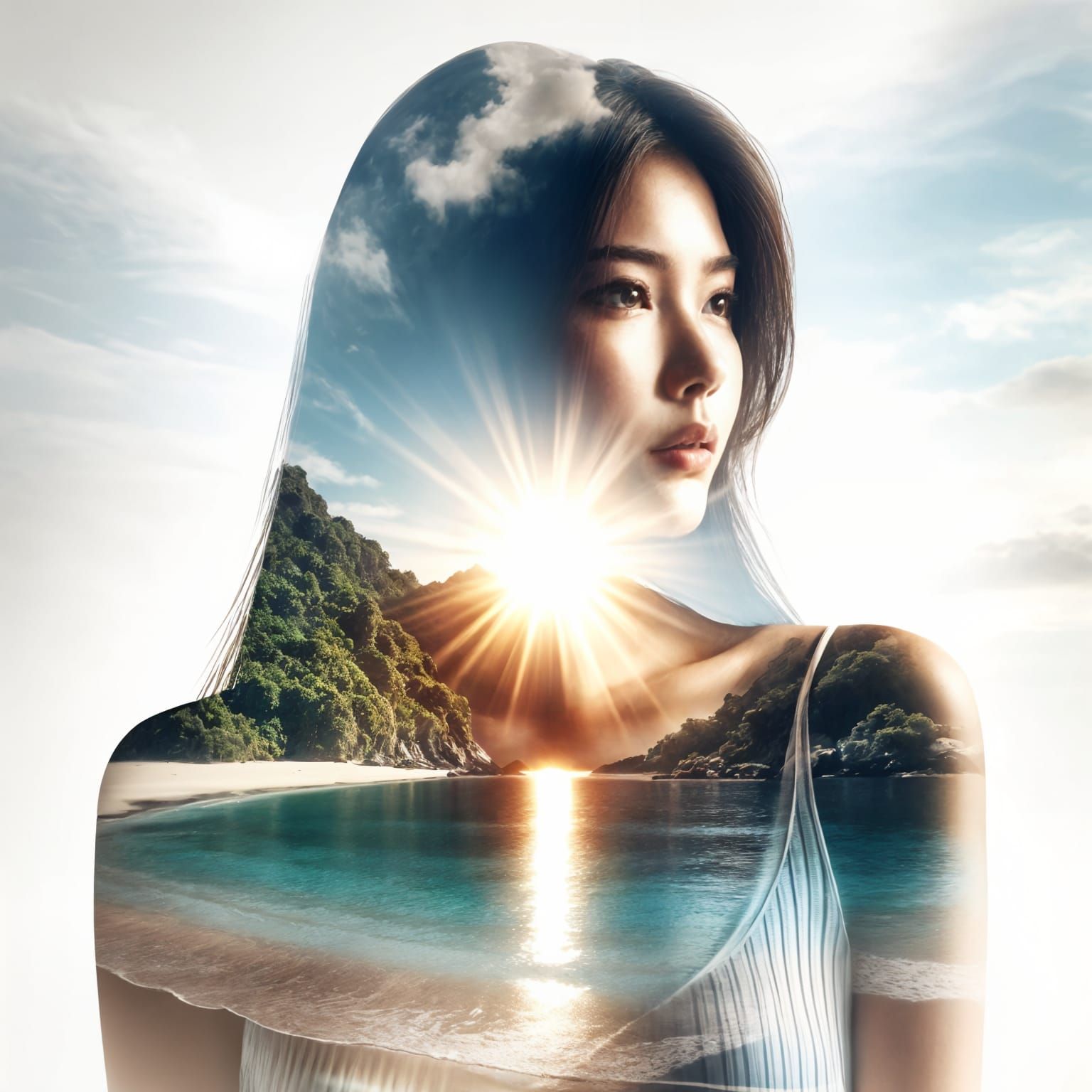 Double Exposure: Asian Woman and Tropical Beach