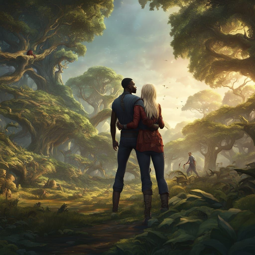 Fantasy Concept Art: Man Carries Woman in Serene Game Park