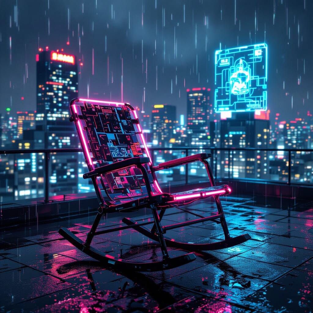 Neon Scrap Rocking Chair in Cyberpunk Tokyo