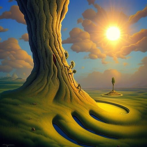 Surreal Cypress Trees Under Anthropomorphic Sun
