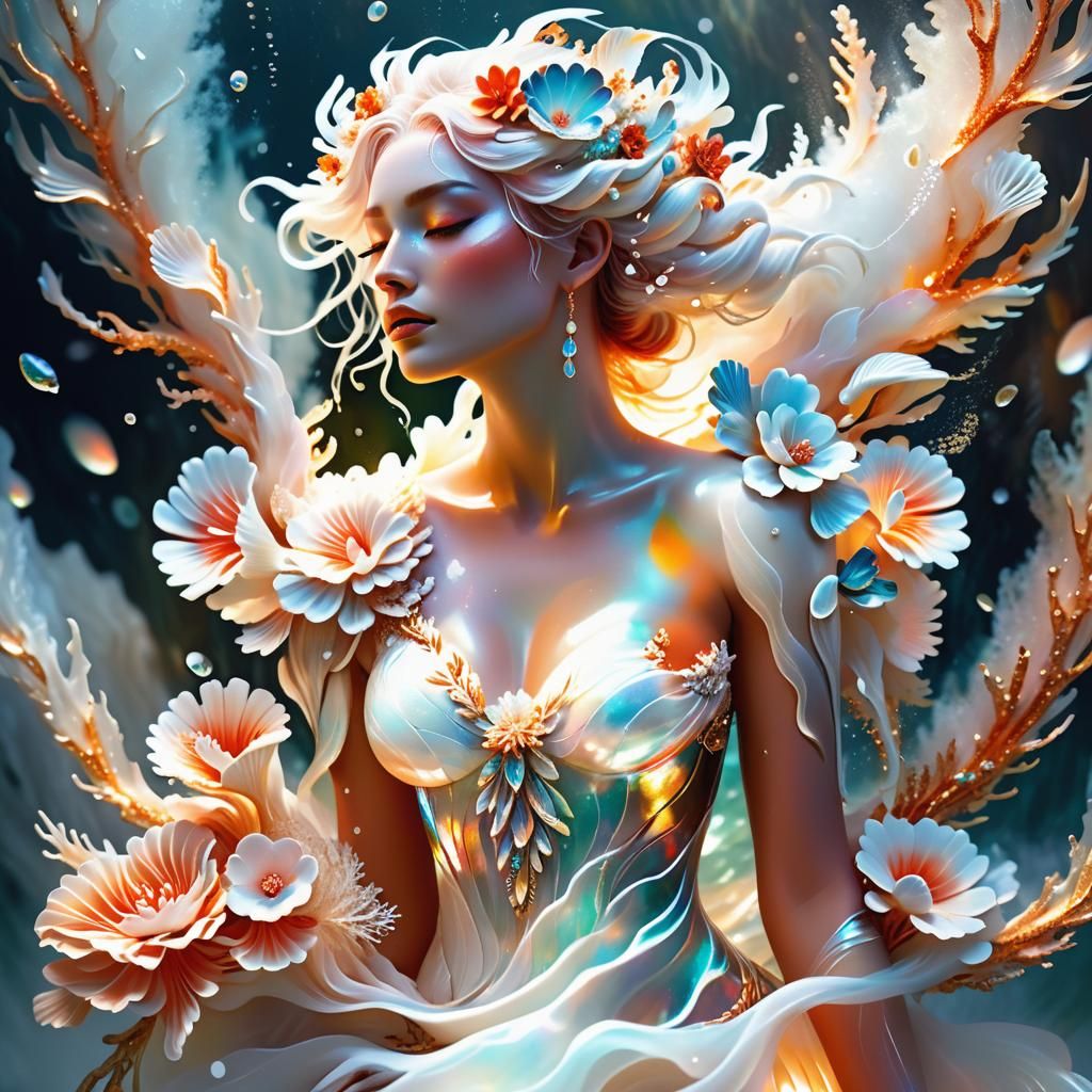 Iridescent Woman in Dreamlike Coral Sea