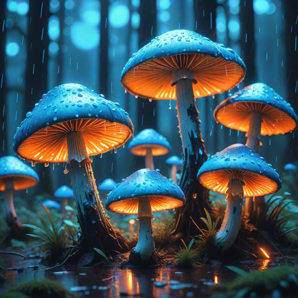 Bioluminescent Rain on Mushrooms in Neon Synthwave Style