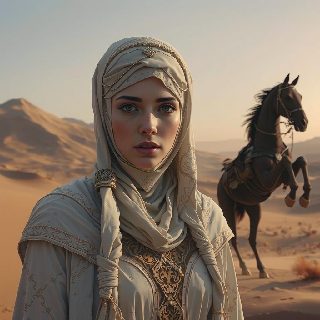 Ethereal Woman in Niqab, Desert Landscape