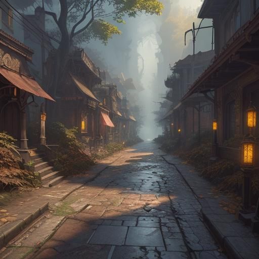 Leaf-Covered Streets: Detailed Matte Painting of Forgotten C...