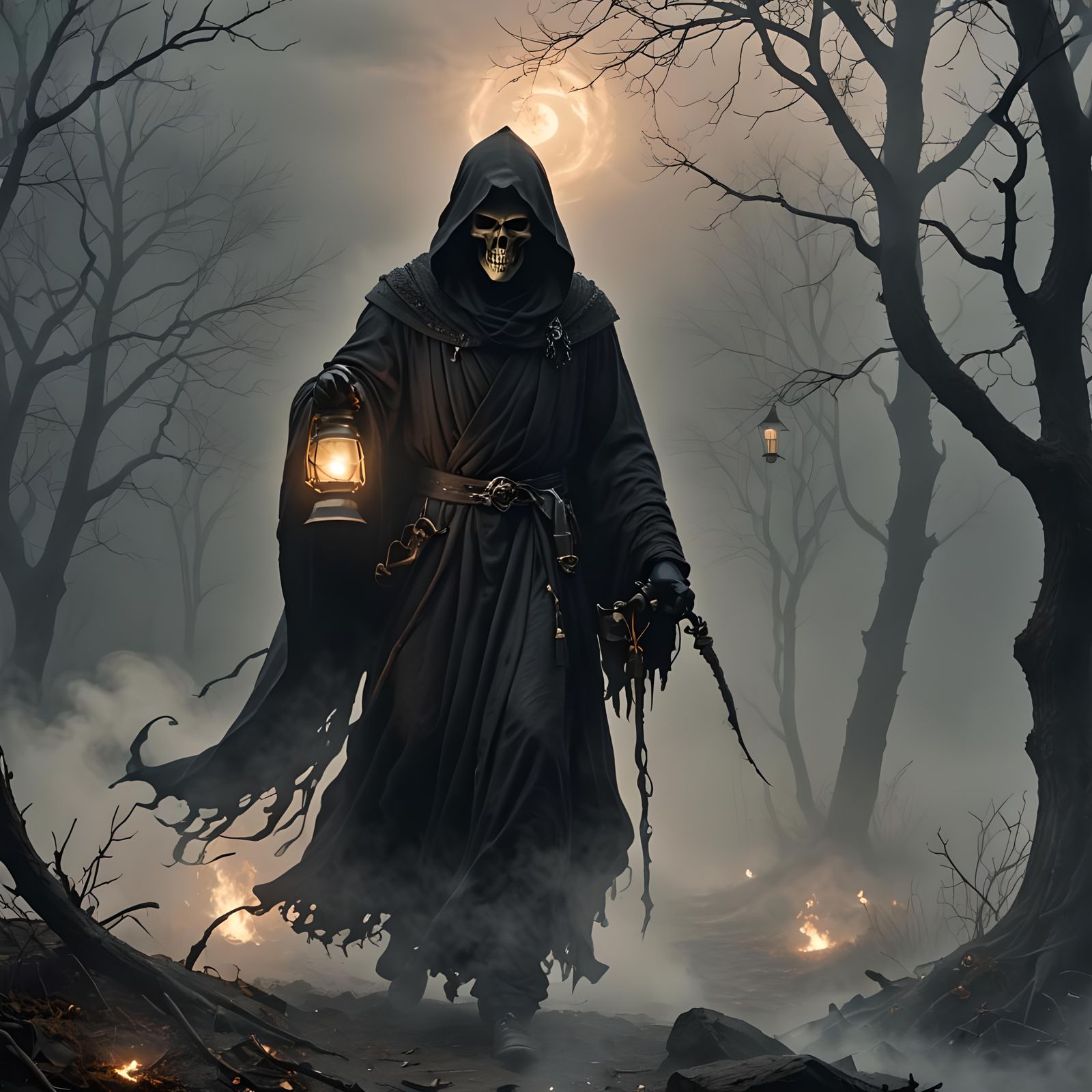 Grim Reaper Lantern in Swirling Fog