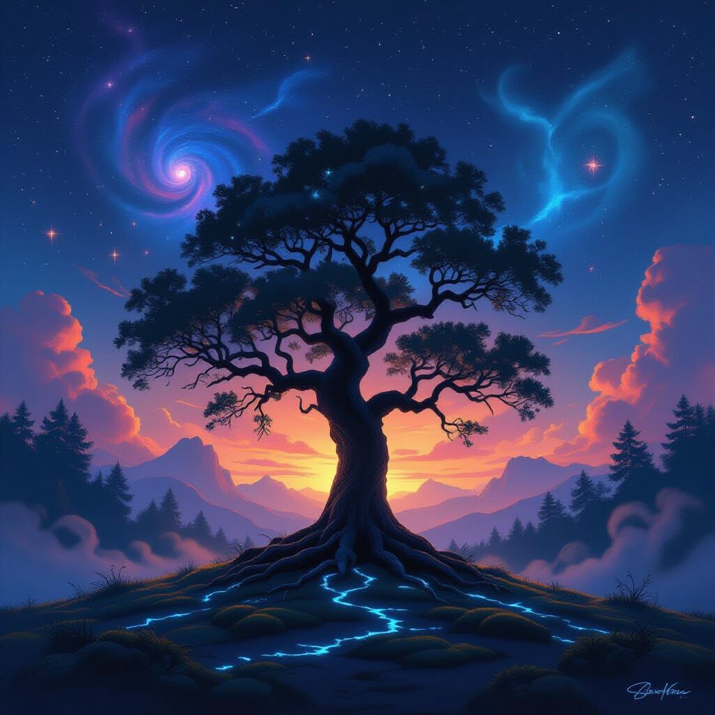 Ancient Tree Under Cosmic Twilight Sky