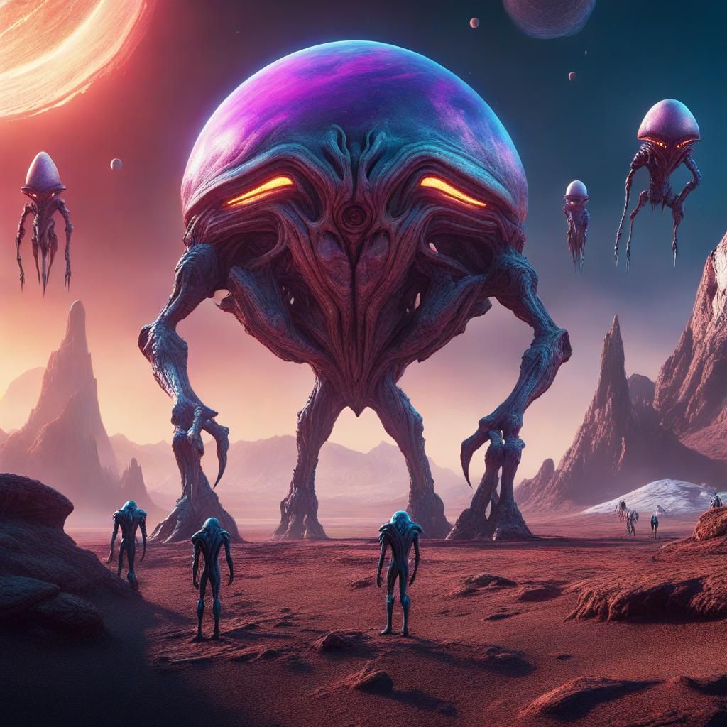 Bipedal Aliens on a Diamond Planet in Detailed Painting