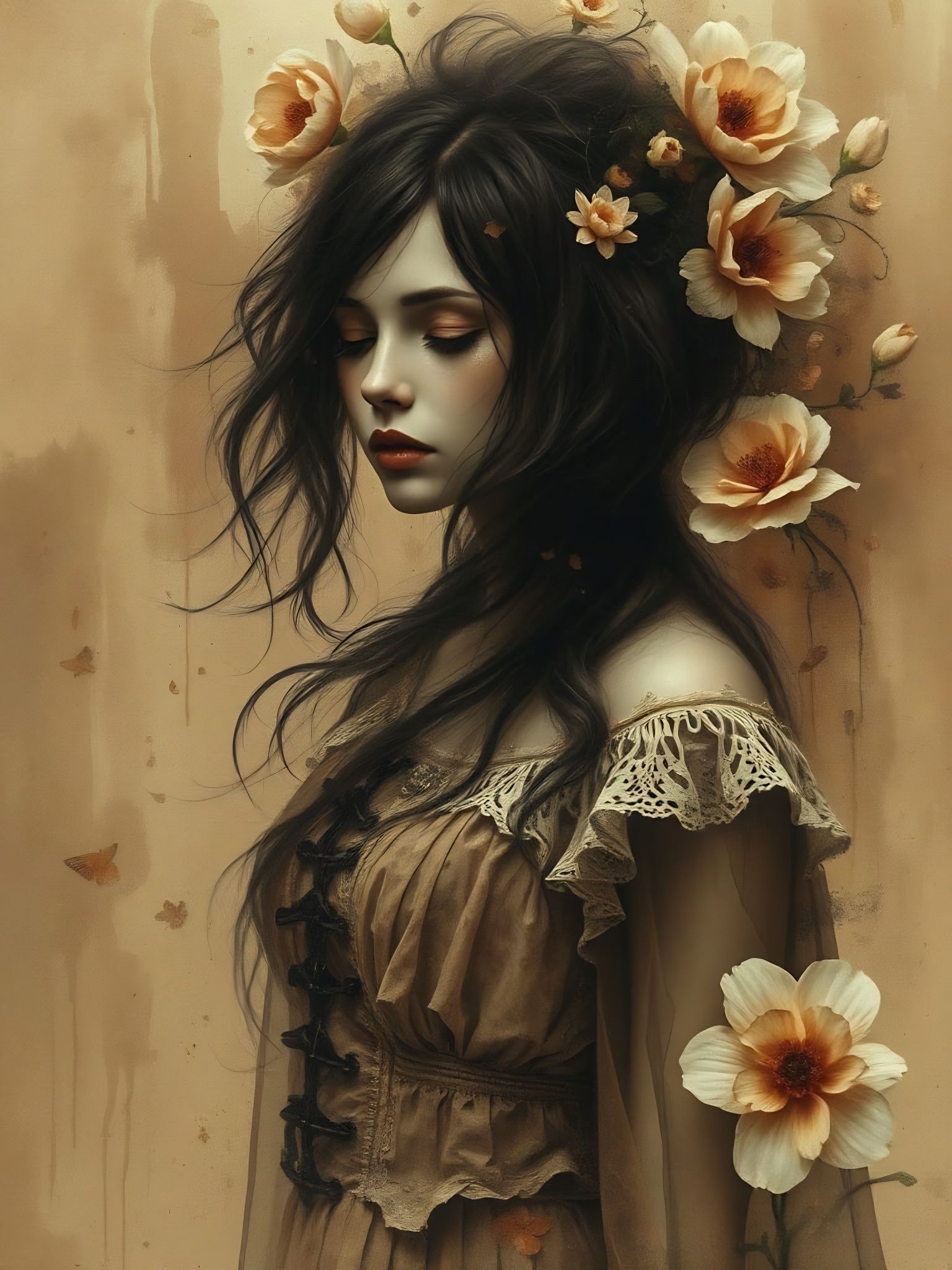 Surreal Gothic Flower Pattern in Sepia Tones