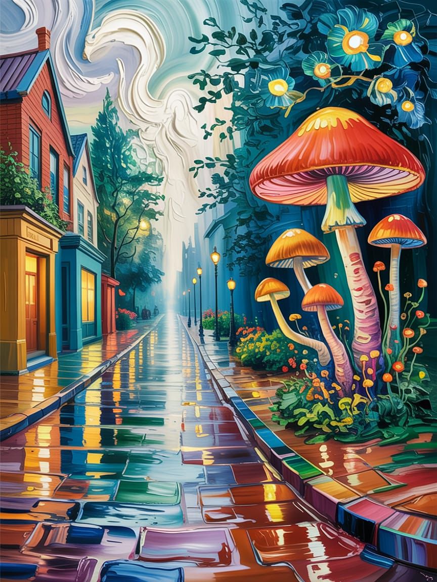 Glowing Mushrooms Light a Misty Street: Impasto Oil Painting