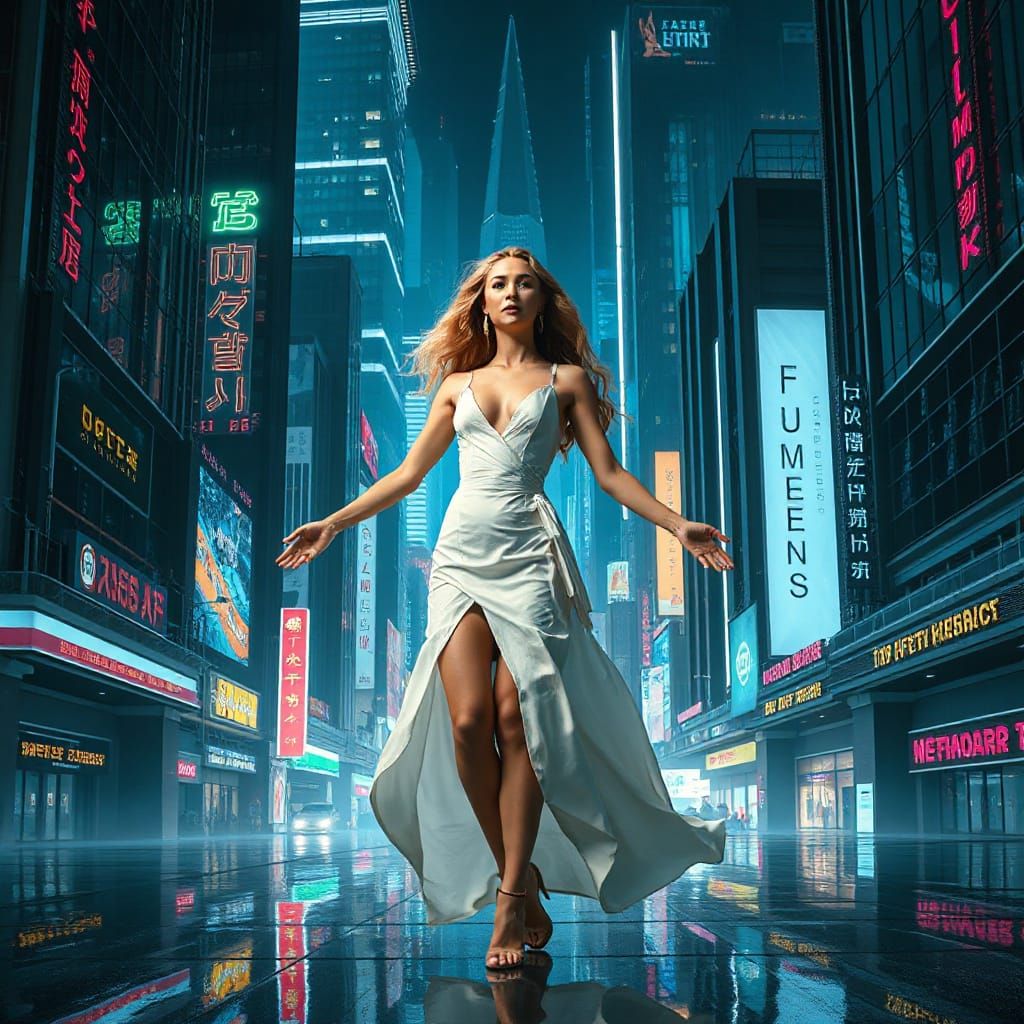 Futuristic Woman in Neon City, Sci-Fi Digital Art